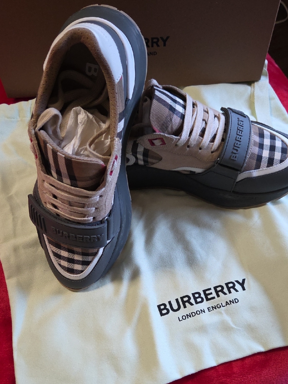 Burberry Plaid Lace-Up Sneakers in Beige, Black & Cream